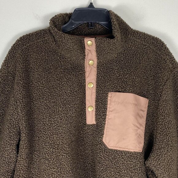 Lands End Mens Teddy Sherpa Sweater Fleece Snap Pullover Brown - Picture 2 of 8